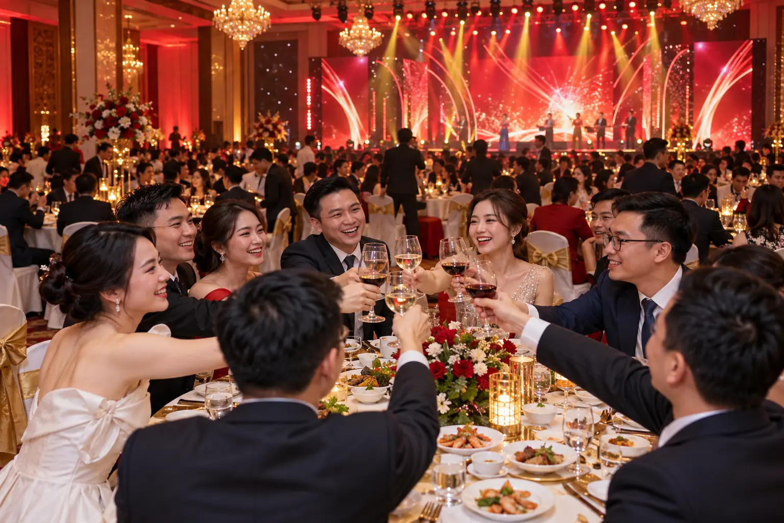 Nhân viên nâng ly trong tiệc gala cuối năm